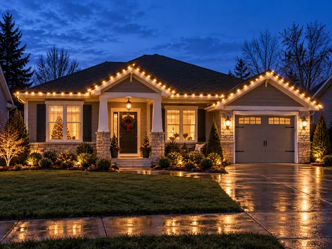 A single-storey craftsman home at dusk with warm white bulbs along the roofline and above the garage, a wreath on the door and lit shrubs across the front beds