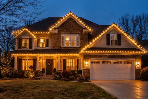 A two-storey home at dusk, warm white bulbs following every gable and the porch roof, a wreath on the front door and lit shrubs across the front beds