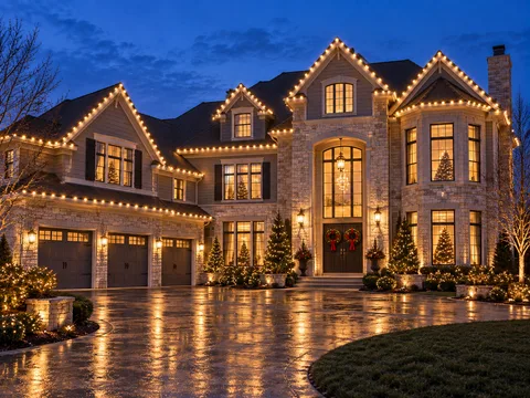 A large multi-gable home at dusk with warm white bulbs tracing every gable, dormer and bay, wreaths on double doors and lit trees along the driveway