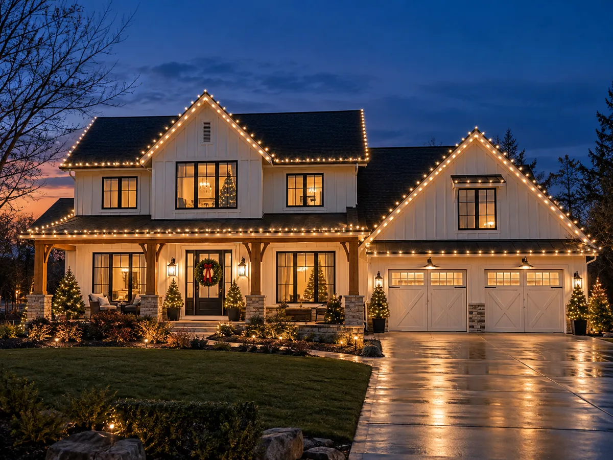A white board-and-batten farmhouse at dusk with warm white bulbs along every gable and the porch roof, a red-bowed wreath on the front door and lit trees in pots along the porch