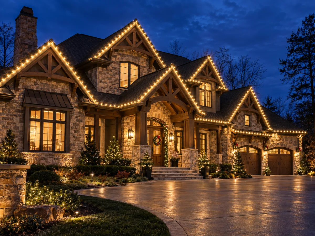 A stone and timber home at dusk, warm white bulbs tracing a complex run of gables and dormers, with garland over the entry arch and lit conifers in the beds