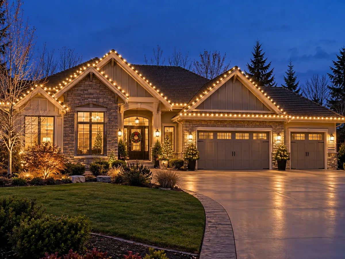 A single-storey stone home at dusk with warm white bulbs along the rooflines and above the garage bays, lit potted trees either side of the doors and uplit shrubs
