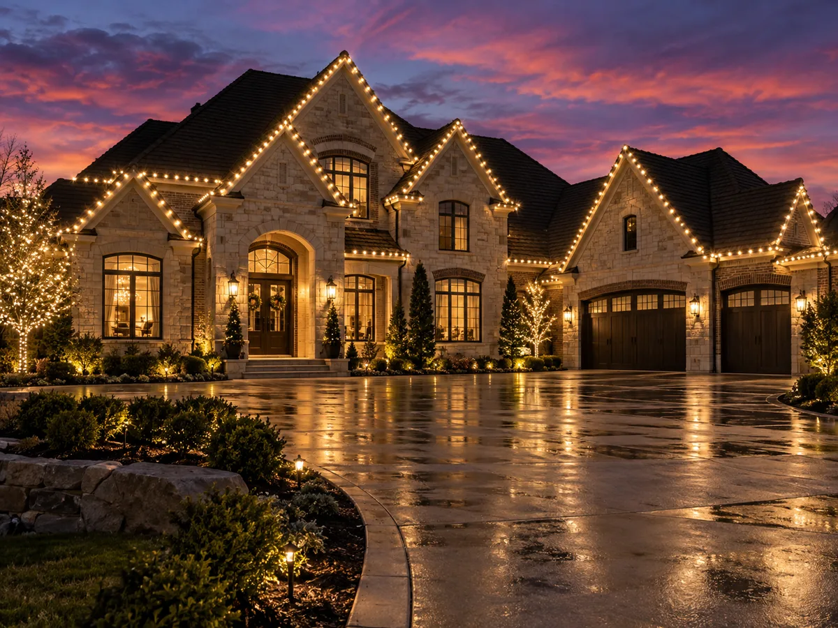 A stone home against a pink sunset sky, warm white bulbs along every gable, ornamental trees wrapped trunk to canopy either side of the driveway and uplit planting beds