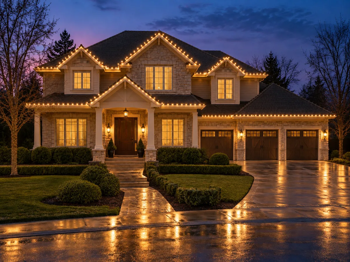 A two-storey home at dusk with warm white bulbs along the eaves and rakes