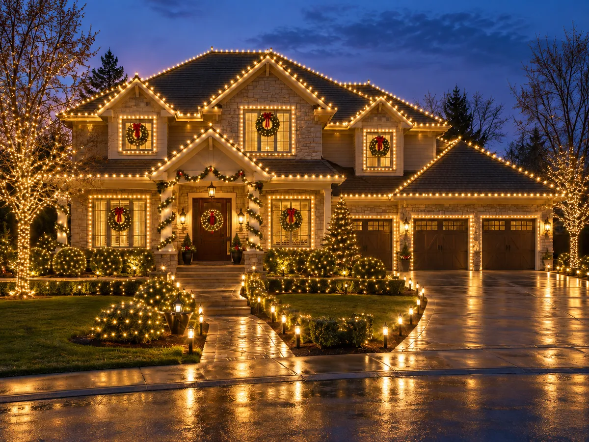 Design concept of an elegant home with warm-white holiday lights along the roof, windows and approach