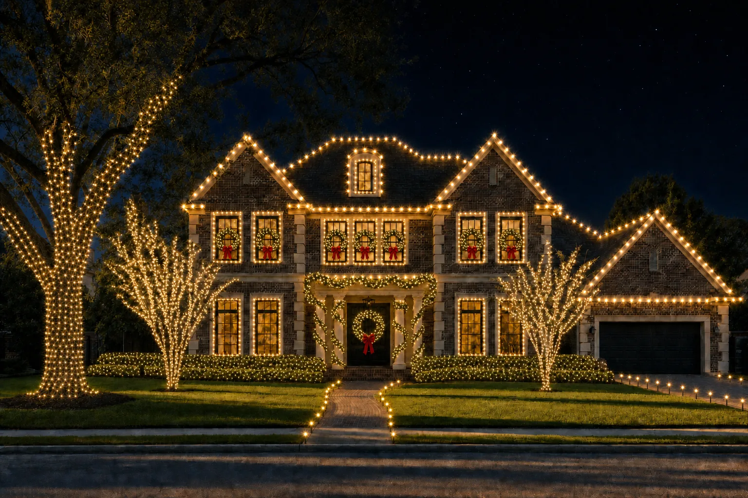 Generated lighting design concept: Wreaths, garland — and the approach.