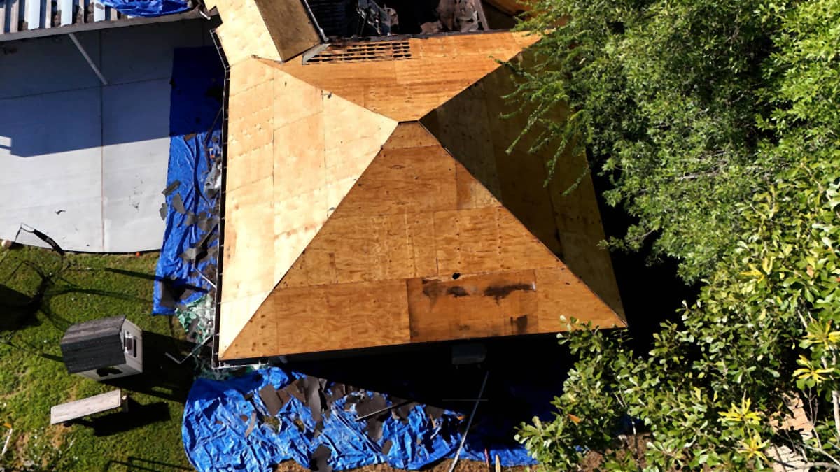 Exposed plywood roof decking on a Cypress, TX home during a deck-up roof replacement, landscaping tarped below