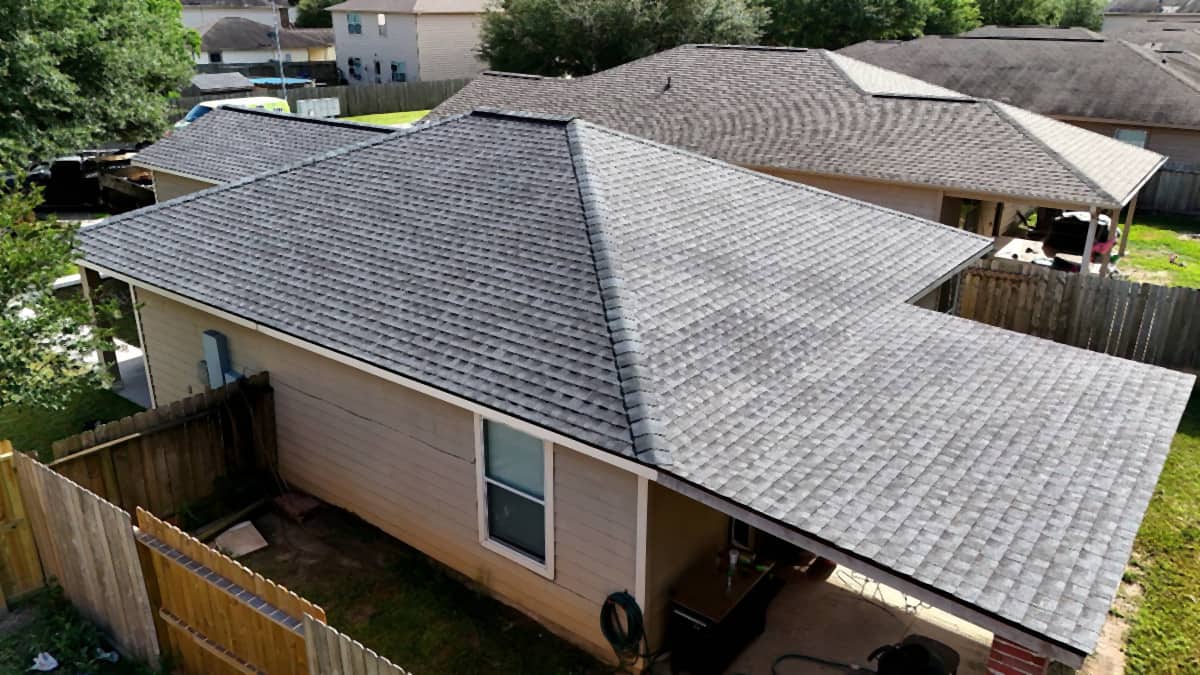 Drone view of a completed shingle roof replacement on a Spring, TX home